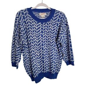 Wyndham Sweater Blue Chevron Round Neck 3/4 Sleeve
